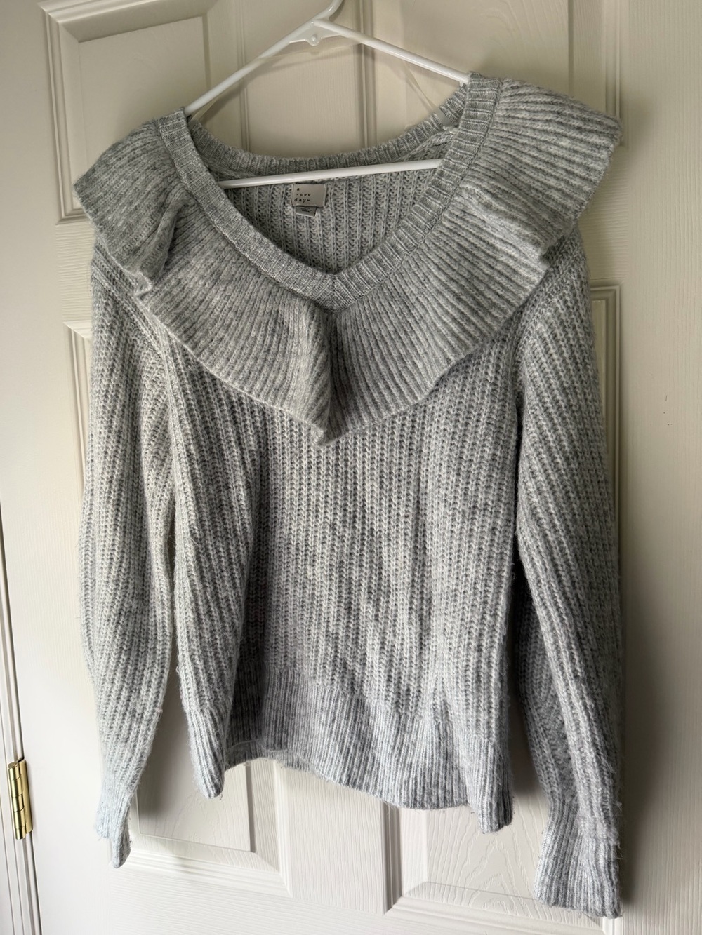 a new day Light Gray V-Neck Ruffled Collar Sweater